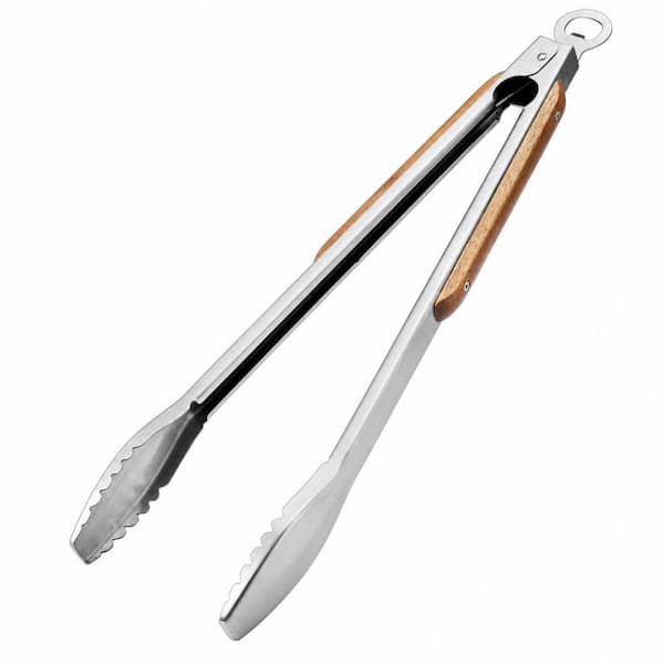 Premium Brown Walnut Wood Handle BBQ Grill Tongs, 19.5 in. Long Heat Resistant with Locking Ring and Bottle Opener