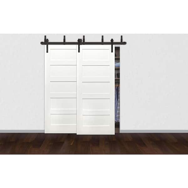 72 in. x 80 in. Bypass Unfinished 5-Panel Solid Core Primed Pine Wood Sliding Barn Door with Bronze Hardware Kit