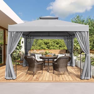 10 ft. x 10 ft. Gray Double Roof Soft Top Outdoor Gazebo with Zippered Netting,Built-In Ceiling Hook,and Corner Shelves