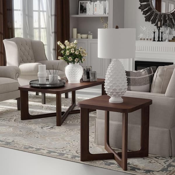 Lirago 24 in. W Walnut Square Wood End Table with Round Corners