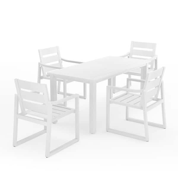 LUE BONA 5-Piece White Recycled Plastic HDPS Outdoor Dining Set All Weather Indoor Outdoor Patio Table and Chairs with Armrest