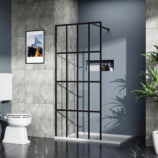 Unbranded 34 in. W x 72 in. H Single Fixed Framed Shower Door in Black Finish with Tempered Glass