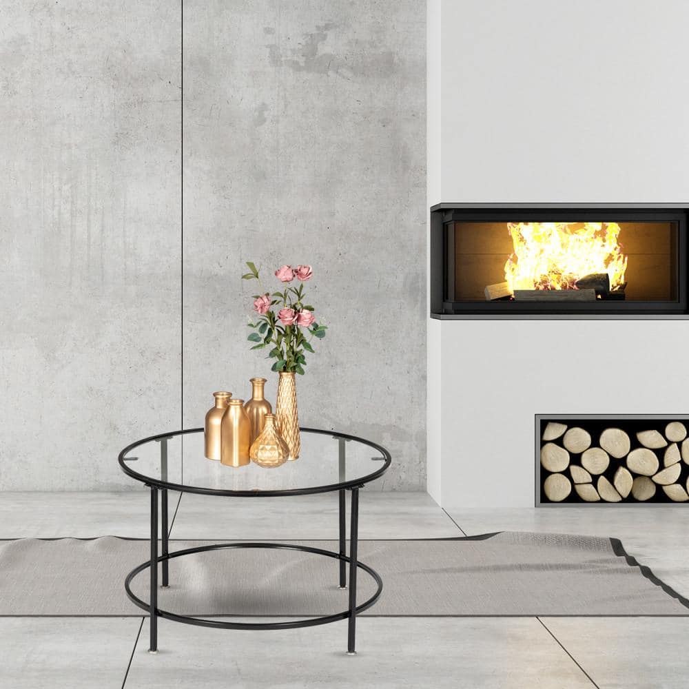 26" Round Tempered Glass Coffee Table with Black Metal Frame