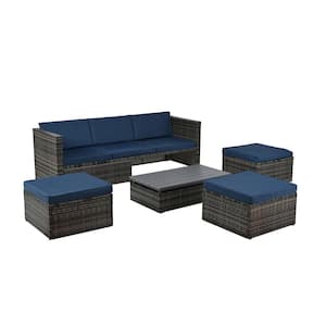 5-Piece Rattan Wicker Outdoor Sofa Sectional Set and Lift Top Coffee Table with Navy Blue Cushions