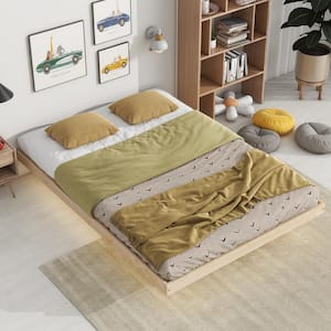 Floating Natural (Brown) Wood Frame Full Size Platform Bed with Under-Bed LED Light, Low Profile