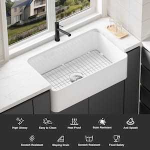 36in Undermount Single Bowl Sink White Ceramic Kitchen Sink with Bottom Grid and Basket Strainer