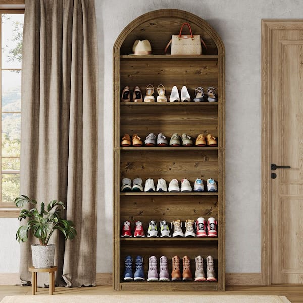 77.16 in. H x 31.5 in. W Brown Wood Shoe Storage Cabinet Arch Cabinet Organizer Standing Shoe Rack for 40 Pairs of Shoes