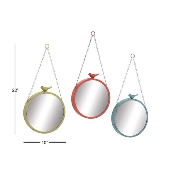 Litton Lane Eclectic Style Round Green Red Blue Metal Wall Mirrors With Decorative Bird Figurines Set Of 3 10 X 22 Each 34938 The Home Depot Blue Metal Wall Mirrors, Set Of 3 Round Hanging Mirrors