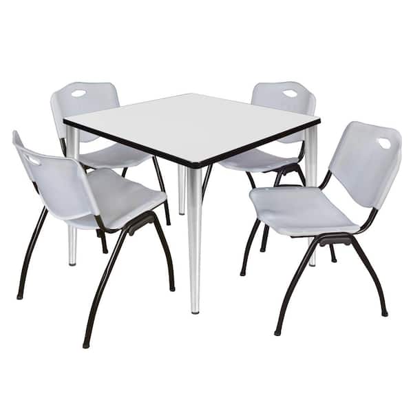 Regency Trueno 42 in. Square White and Chrome Wood Breakroom Table and 4-Grey 'M' Stack Chairs (Seats 4)
