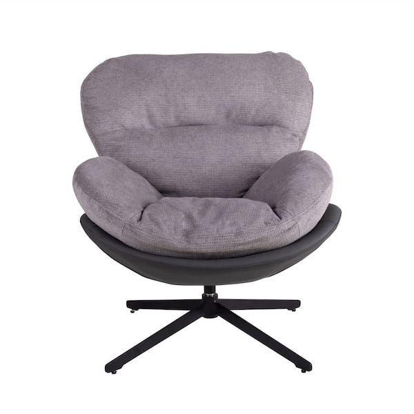 360° Swivel Chenille Chair. Swivel Office Chair with Faux Leather& Black Metal Base Frame for Small Spaces in Light Gray