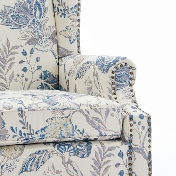Uixe Retro Plants Blue Linen Nailhead Trim Upholstered High Back