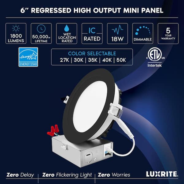 6-Pack 6 in. Integrated LED Recessed Light kit 18-Watt 5CCT 2700K-5000K 1800 Lumens Dimmable Wet Rated IC ETL - Black