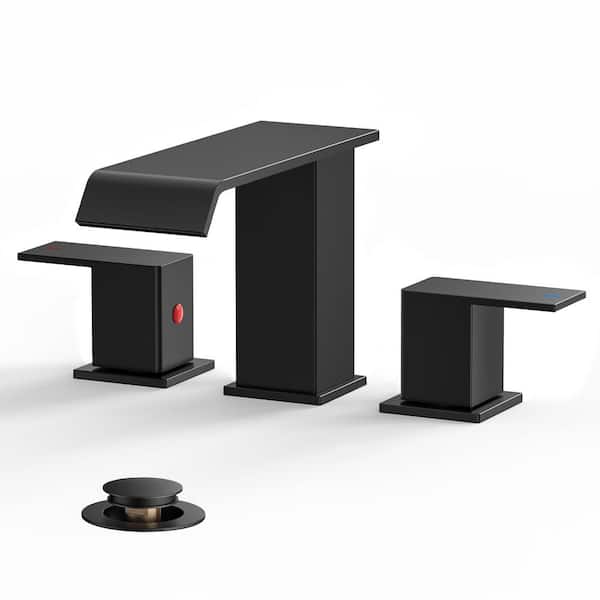 8 in. Double-Handle Widespread Bathroom Faucets with Drain Kit Included Low Arc Design in Black
