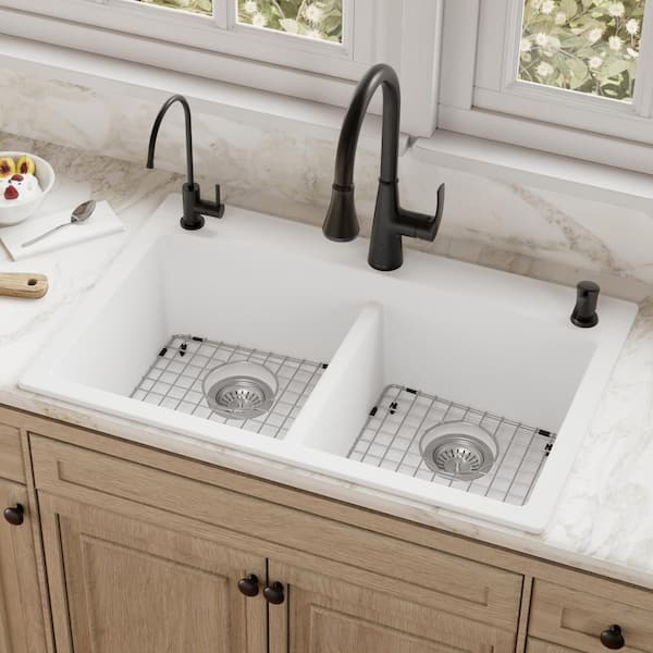 QT-710 Quartz/Granite 33 in. Double Bowl 50/50 Top Mount Drop-In Kitchen Sink in White with Bottom Grid and Strainer