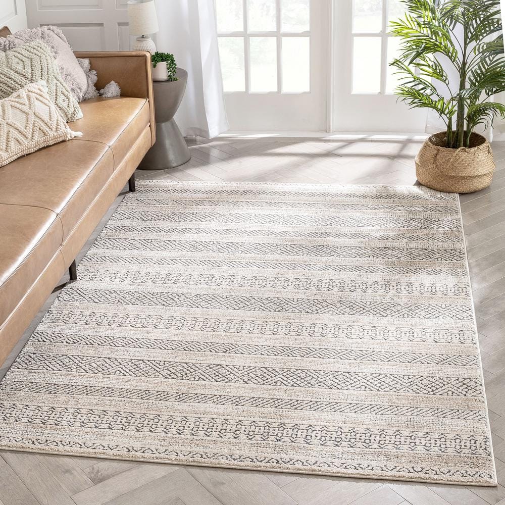 Beige Geometric High-Low Synthetic Rectangular Area Rug
