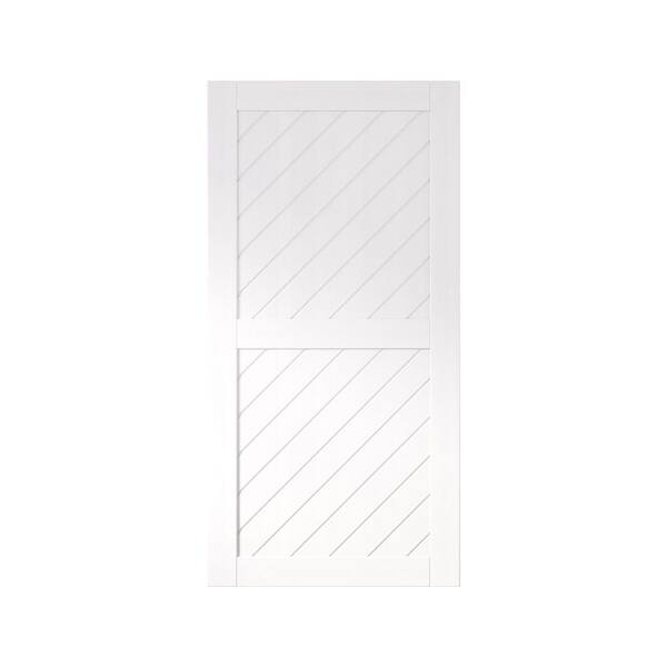 HOMACER XT1 36 in. x 80 in. C-Panel Solid Core White Slanted Stripe Design Pine Wood Interior Sliding Barn Door Slab