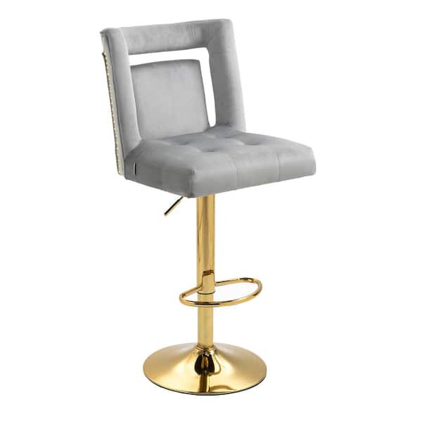 URTR 46.5 in. Gray Low Back Metal Frame Velvet Bar Stool with Footrest, Adjustable Swivel Bar Stools for Kitchen Island