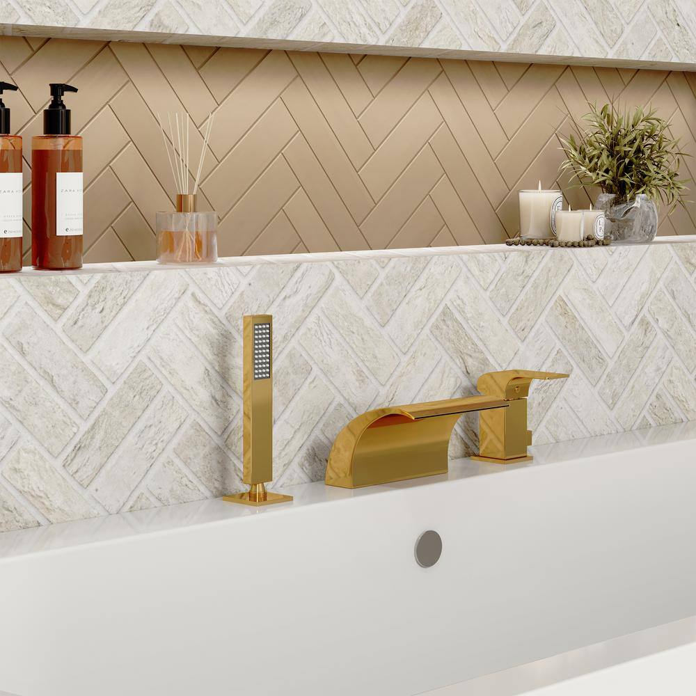 Gold Deck Mounted Waterfall Tub Faucet with Hand Shower
