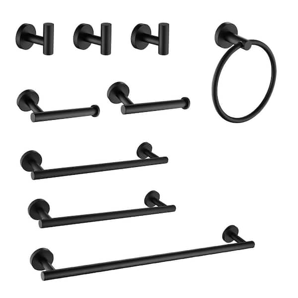 Tenleaf 9-Piece Stainless Steel Bath Hardware Set with Towel Bar, Towel Ring, Robe Hook, Toilet Paper Holder in Matte Black