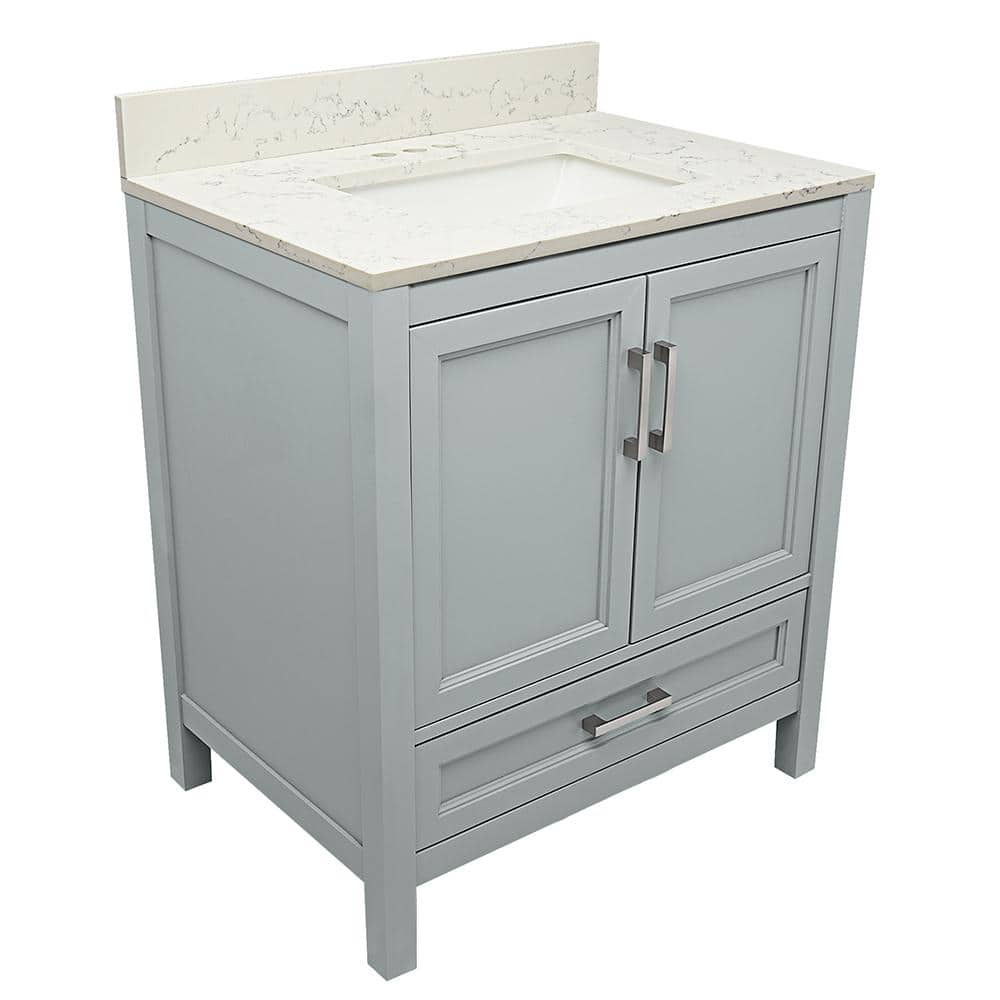 Salerno 37 in. W x 22 in. D Bath Vanity in Grey with Quartz Stone Vanity Top in Lyra White with White Basin -  Amluxx, SL37GR-QT37WLB