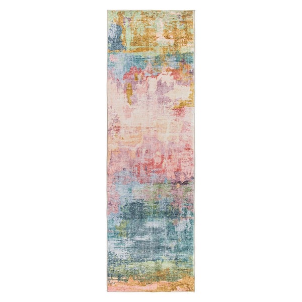 Contemporary Distressed Abstract Washable Non Slip Multi 2 ft. x 8 ft. Runner Rug
