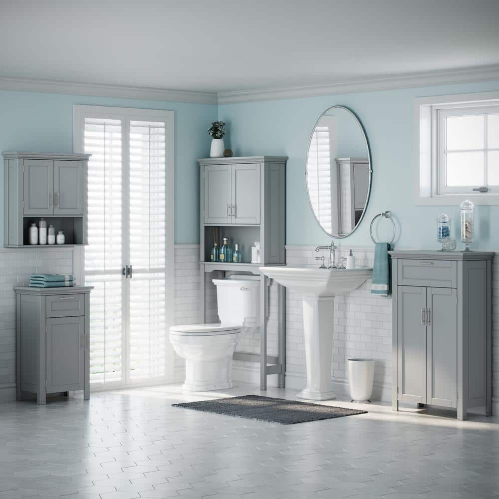 Transitional Gray Engineered Wood Over-the-Toilet Storage with Adjustable Shelves
