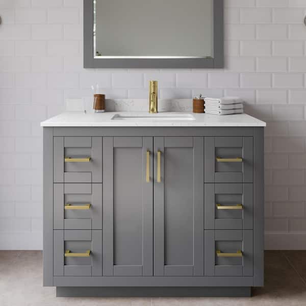 Wyndham Collection Miranda 42 in. W Single Bath Vanity in Dark Gray with Cultured Marble Vanity Top in Light-Vein Carrara with White Basin