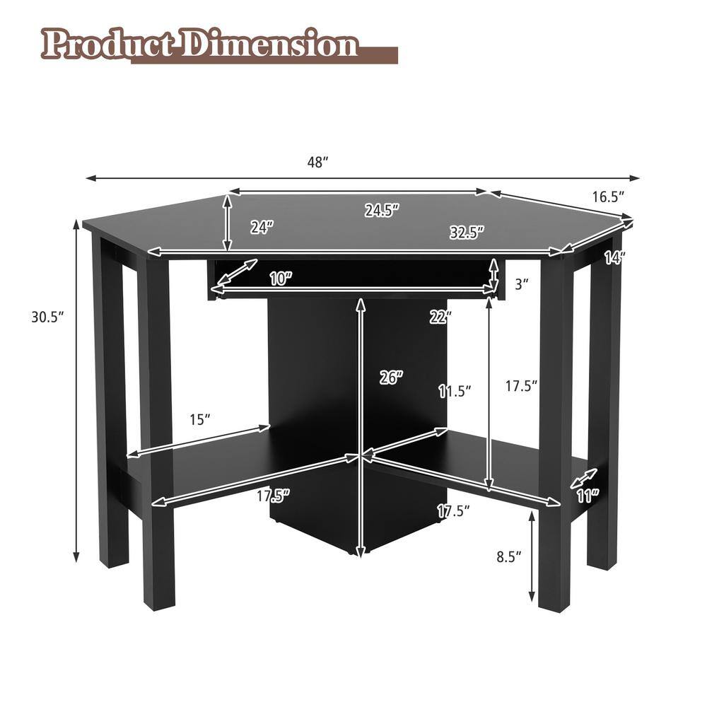 Black Wooden Corner Desk with Drawer and Keyboard Tray