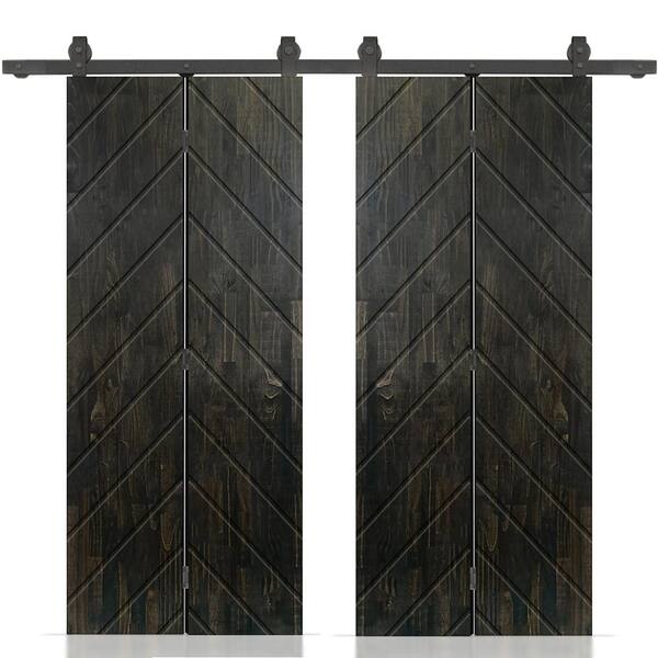 CALHOME Herringbone 52 in. x 80 in. Charcoal Black-Stained Hollow Core Pine Wood Double Bi-Fold Door with Sliding Hardware Kit