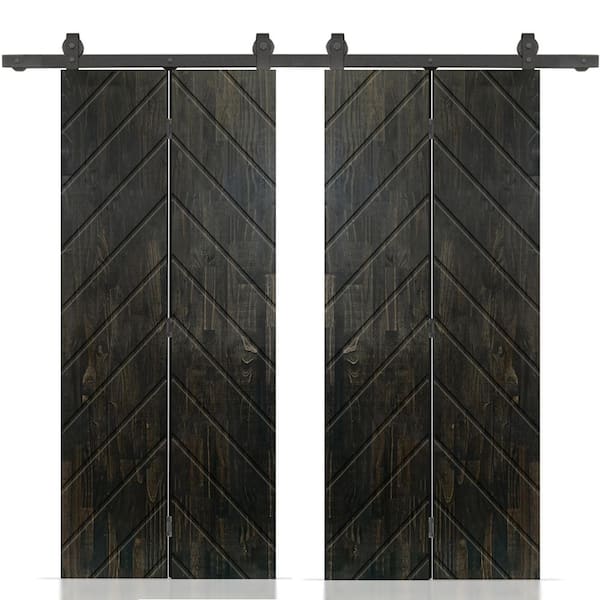 CALHOME Herringbone 60 in. x 80 in. Charcoal Black-Stained Hollow Core Pine Wood Double Bi-Fold Door with Sliding Hardware Kit