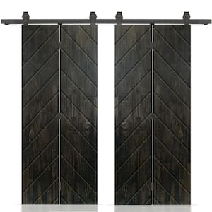 Herringbone 72 in. x 80 in. Charcoal Black-Stained Hollow Core Pine Wood Double Bi-Fold Door with Sliding Hardware Kit
