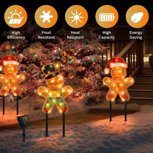 2 PCS Gingerbread Man Solar Christmas Decorations Outdoor, 8 Modes