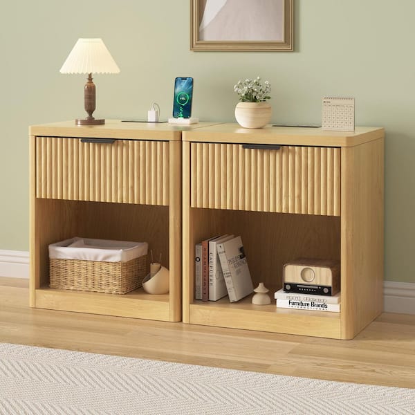 21.7 in. W 1-Drawer Wood Fluted Nightstand with Built-In Outlets and Open Cubby (Set of 2)