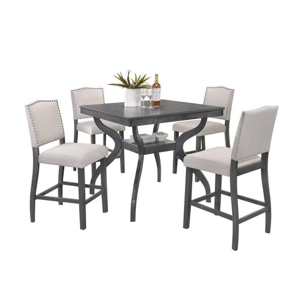 Best Quality Furniture Lee 5-Piece Counter Height Wooden Top Dining Set Light Gray Linen Fabric.