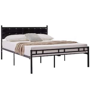 Heavy-Duty Bed Frame Black Metal Frame Queen Platform Bed with PU Upholstered Headboard, No Box Spring Needed