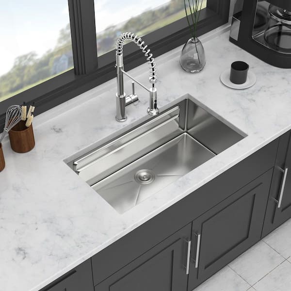 33 in. Undermount Single Bowl 16 Gauge Brushed Nickel Stainless Steel Workstation Kitchen Sink with Complete Accessories