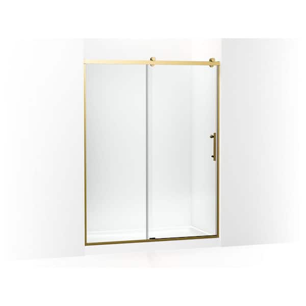 Rely 60 in. W x 77 in. H Sliding Semi Frameless Shower Door in Brass Finish with Clear Glass