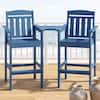 Two blue outdoor bar stools on a wooden deck by the water.
