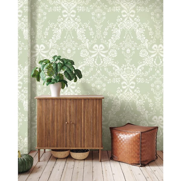Bow Damask Sage Green Non-Pasted Wallpaper (Covers 56 sq. ft. )