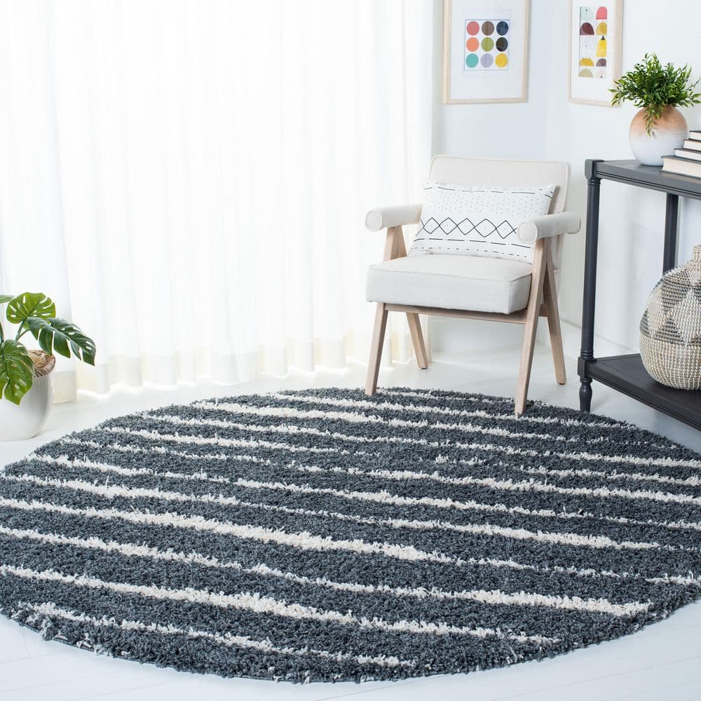 Venus Shag 7 ft. x 7 ft. Round Dark Gray/Ivory Solid Color Striped Area Rug price history on PriceWatchPro
