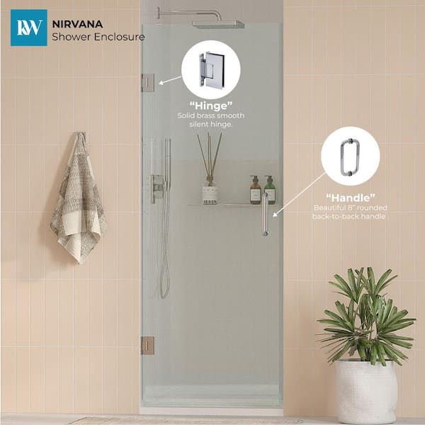 Kobiworks Nirvana 28.75 in. - 27.875 in. W x 76 in. H Frameless Hinged Shower Door in Chrome with 3/8 in. Clear Glass (10 mm)