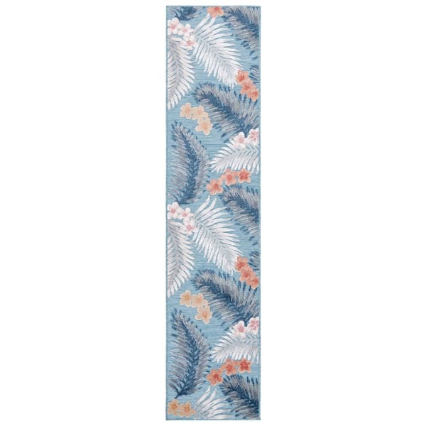 Cabana Aqua/Ivory 2 ft. x 9 ft. High-Low Botanical Floral Indoor/Outdoor Runner Rug