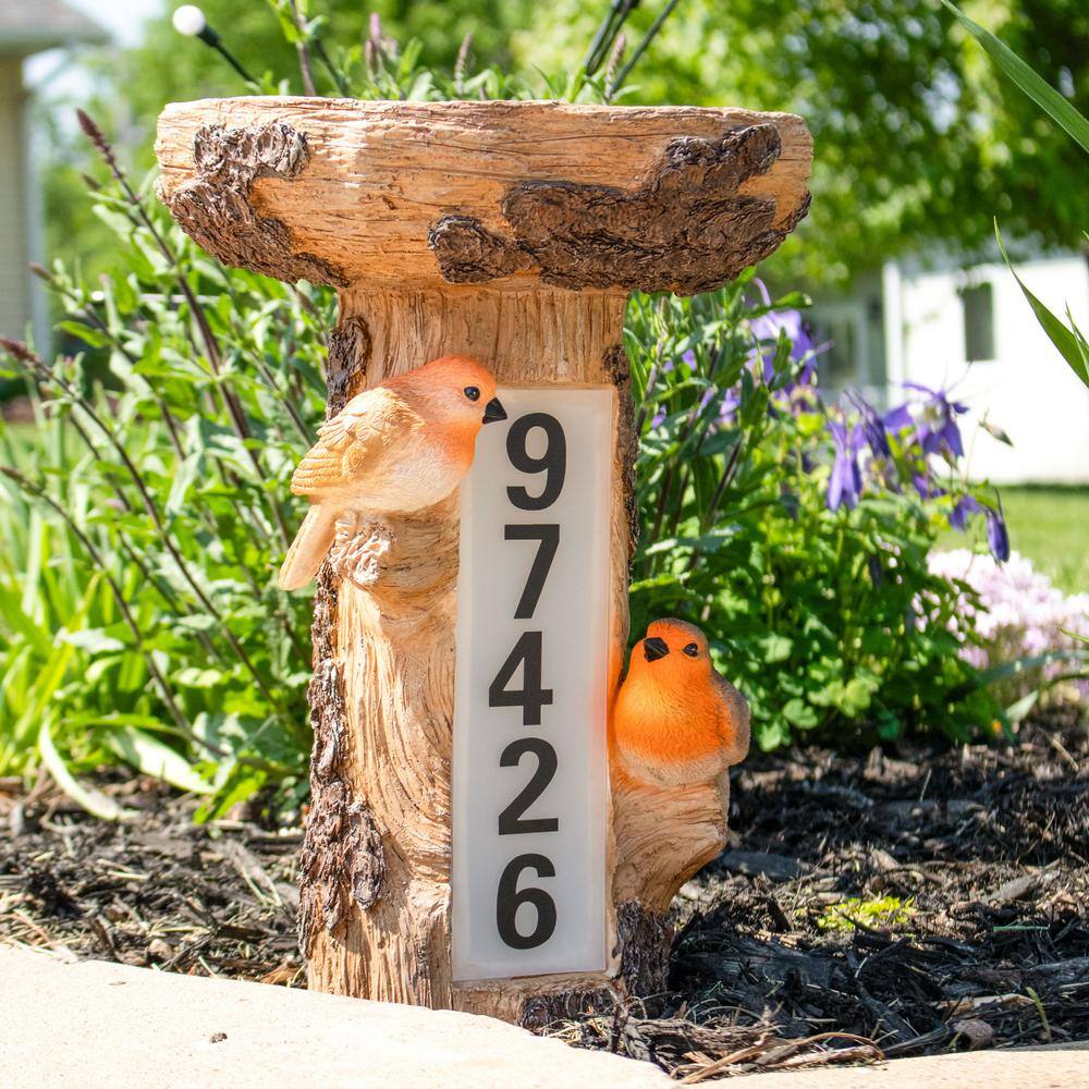 Rustic Brown Polyresin Tree Stump Bird Bath with Solar LED Address Plate