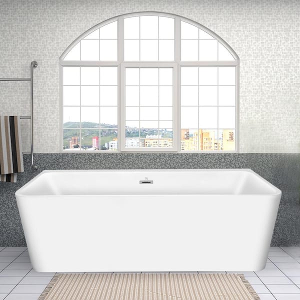 INSTER 67 in. Acrylic Flatbottom Rectangle Modern Stand Alone Soaking Tub Non-Whirlpool Bathtub in White