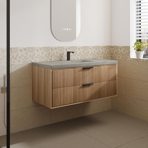 MEDUNJESS VLeaf 42 in. W x 18.5 in. D x 22 in. H Single Sink Wall Mounted Bath Vanity Cabinet in Weather Fir with Gray Cement Top