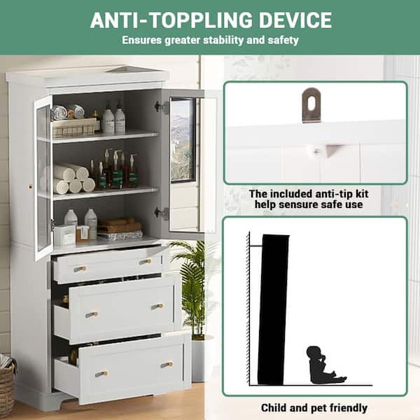 30.1 in. W x 15.7 in. D x 70.1 in. H White Freestanding Linen Cabinet with 3-Drawer and 2-Soft-Close Glass Doors