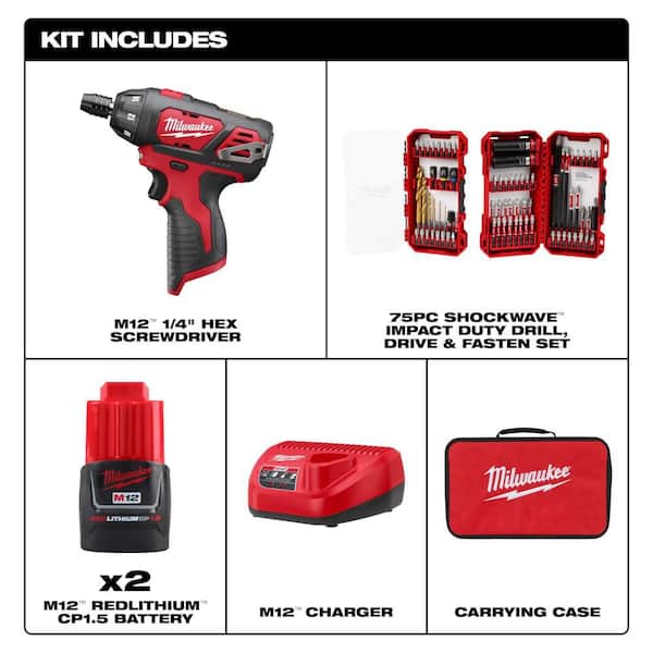 M12 12V 1/4 in. Hex Screwdriver Kit  (2) 1.5Ah Batteries, Charger, Bag with 75-Pc Bit Set