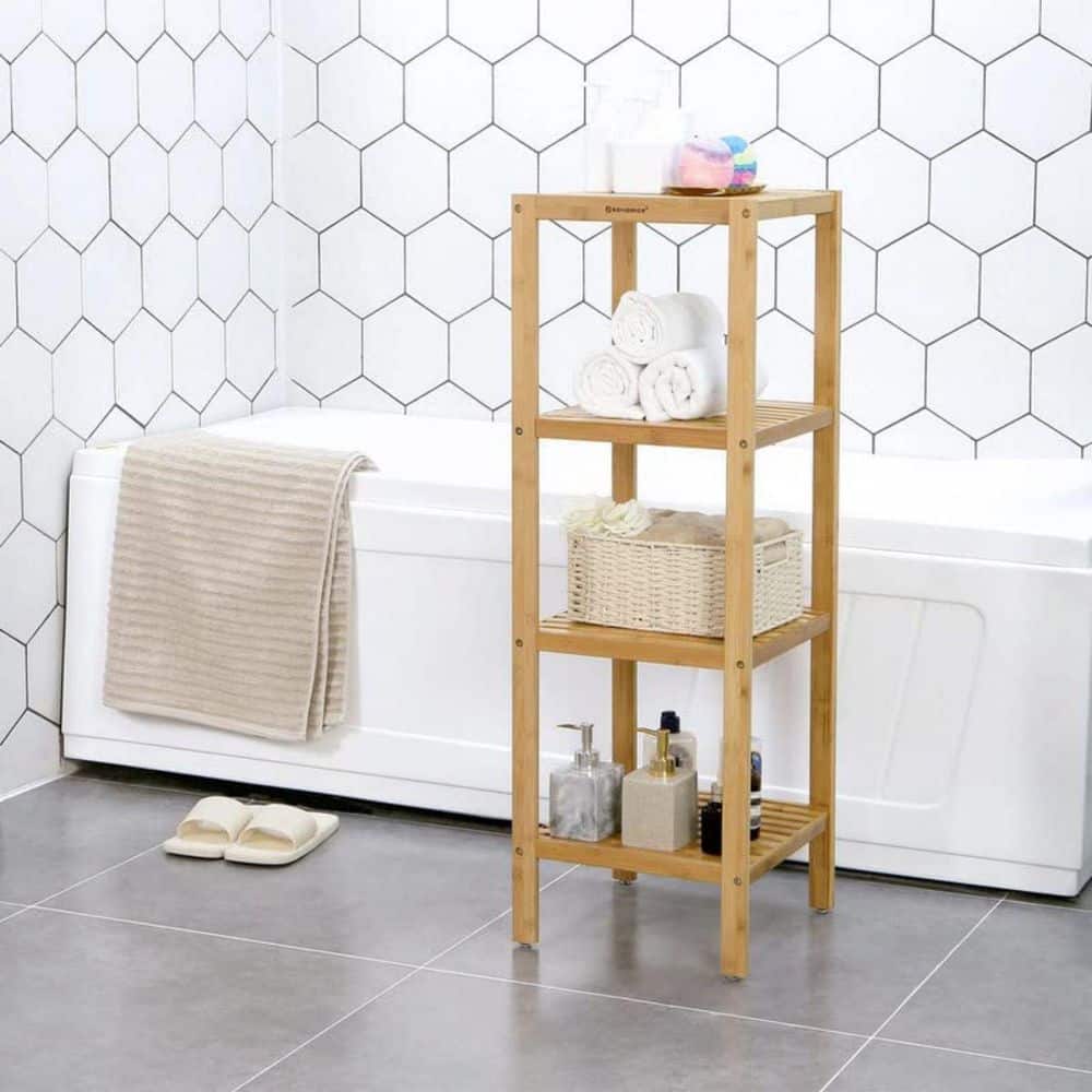 Natural Bamboo 4-Tier Floor Mount Shelf for Entryway and Bathroom