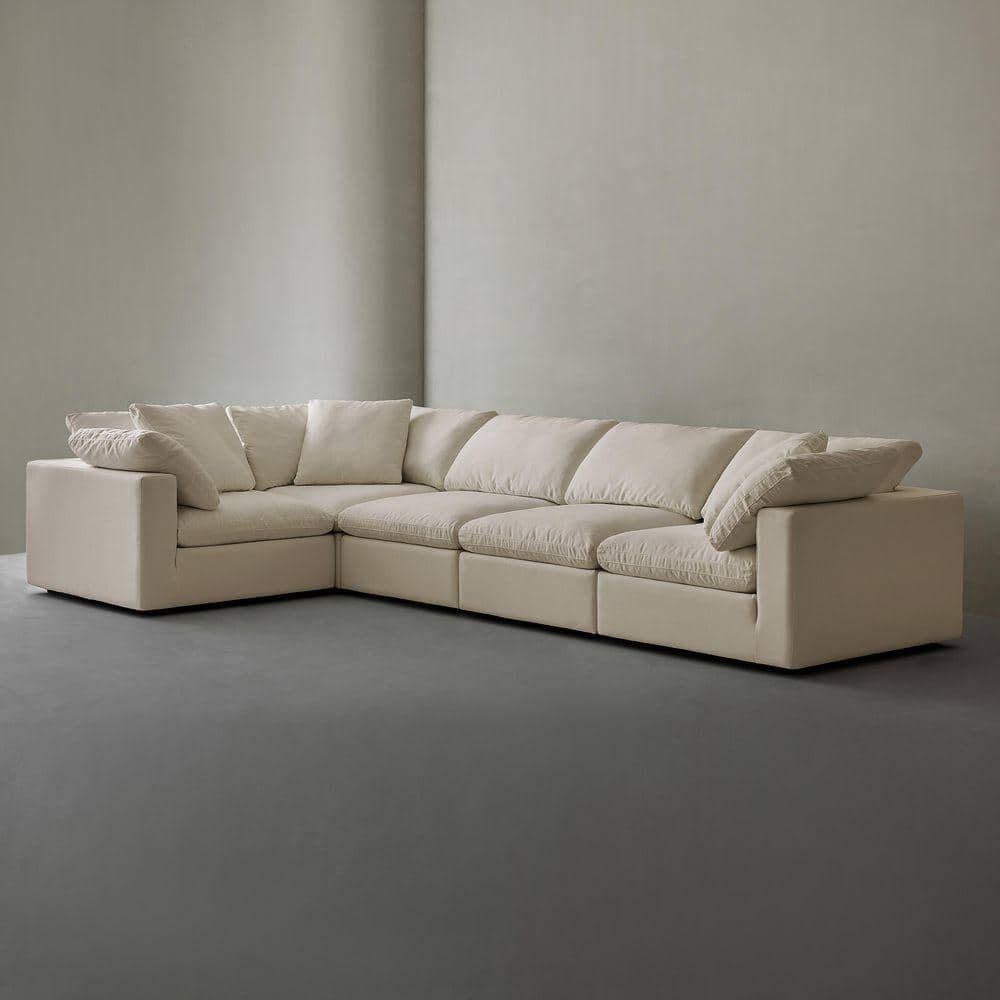Modern 157 in. Wide Square Arm Linen Fabric L-Shaped Sectional Sofa Combination Sofa 5 Seats in. Linen Beige