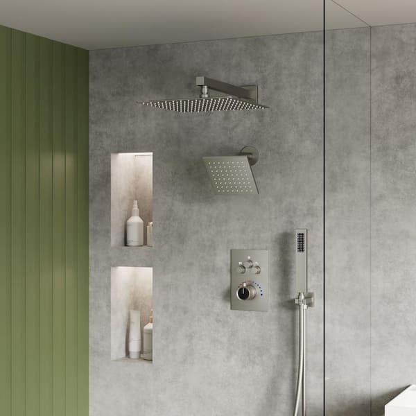 Thermostatic 7-Spray Wall Mount 12 in. and 6 in. Dual Shower Head and Handheld Shower Head 2.5 GPM in Brushed Nickel